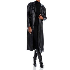New! Sumwon Women's Faux Leather Black Long Double Breast Trench Coat Size XS‎